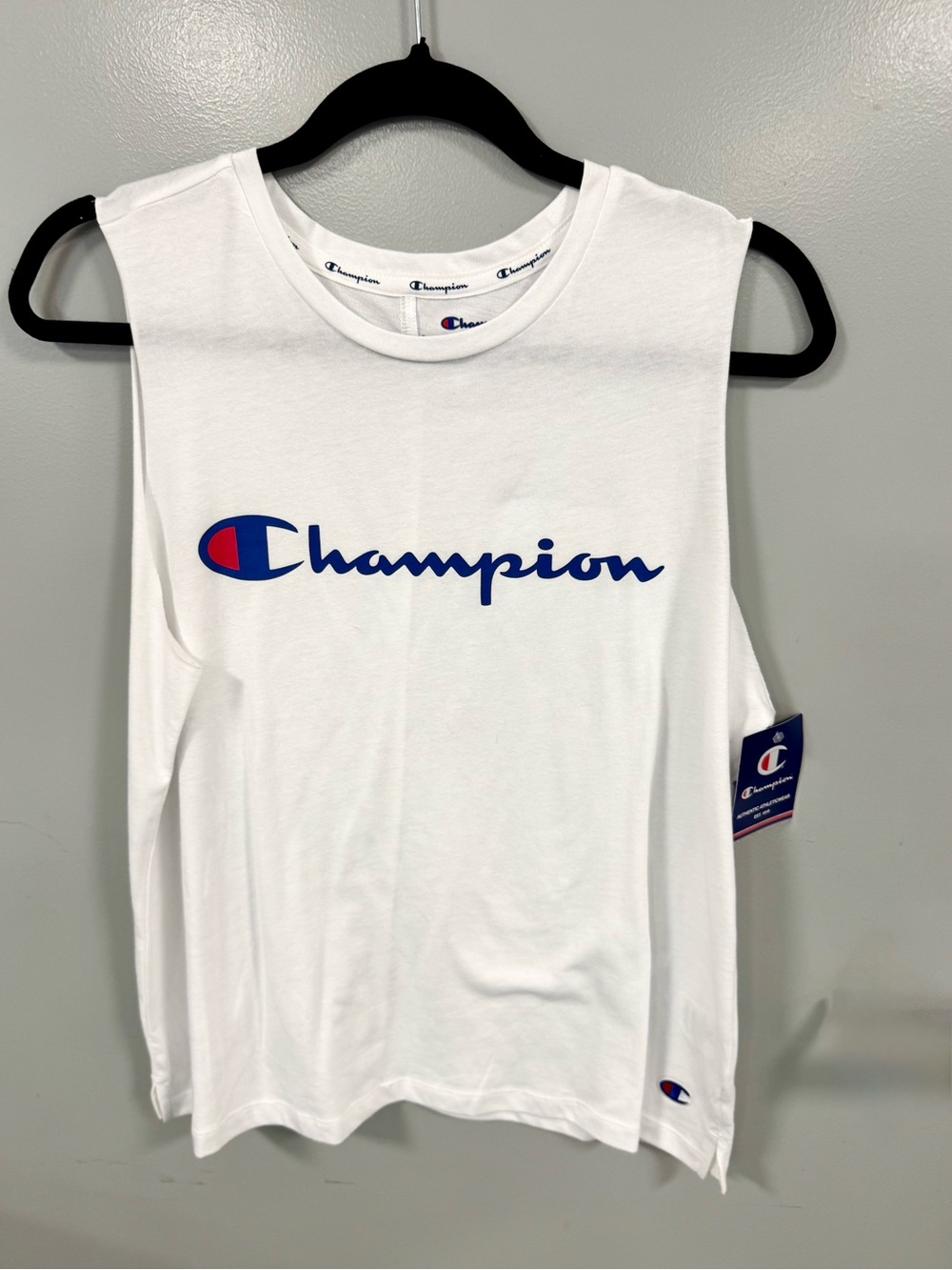 Women’s Champion White Muscle Tank with Blue & Red Logo-Large
